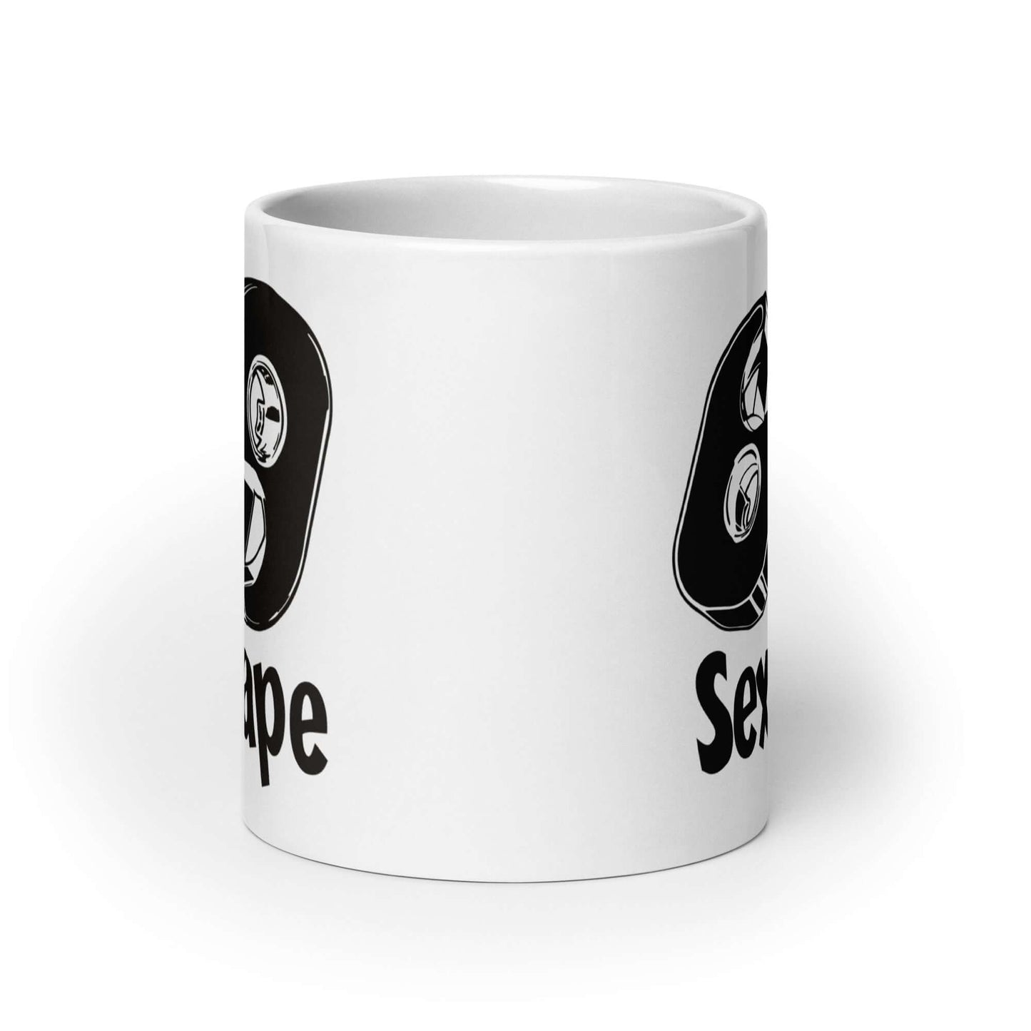 White ceramic mug with image of 2 tape dispensers forming the numbers 6 and 9. The words Sex Tape are printed below the tape. The graphics are printed on both sides of the mug.