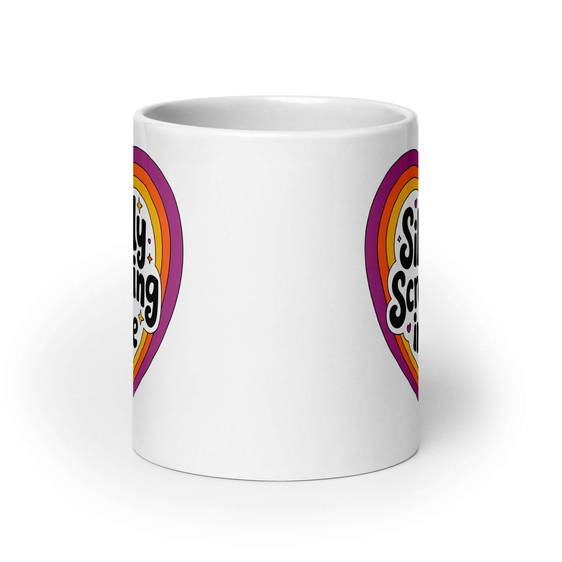 White ceramic coffee mug with a graphic that says Silently screaming inside. The graphics are printed on both sides of the mug.