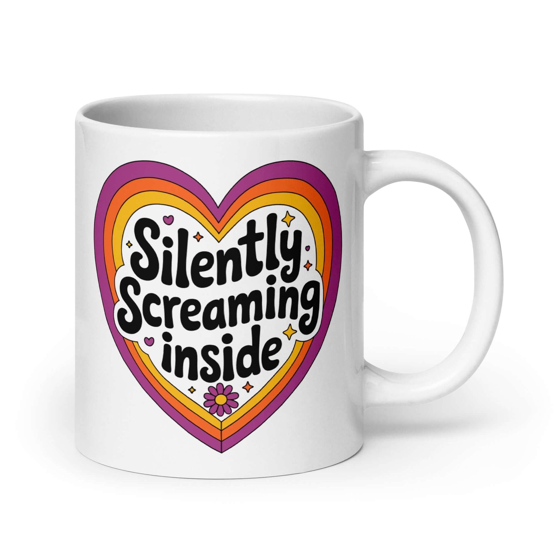 White ceramic coffee mug with a graphic that says Silently screaming inside. The graphics are printed on both sides of the mug.