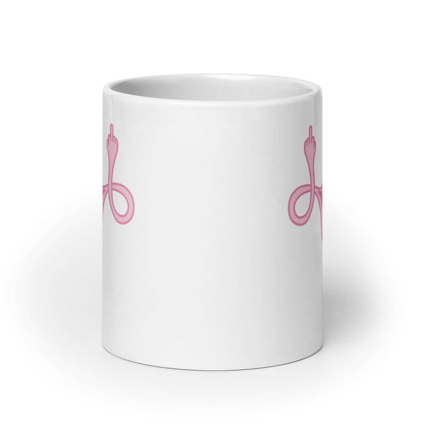 White ceramic mug with image of a pink uterus flipping middle finger graphic printed on both sides.
