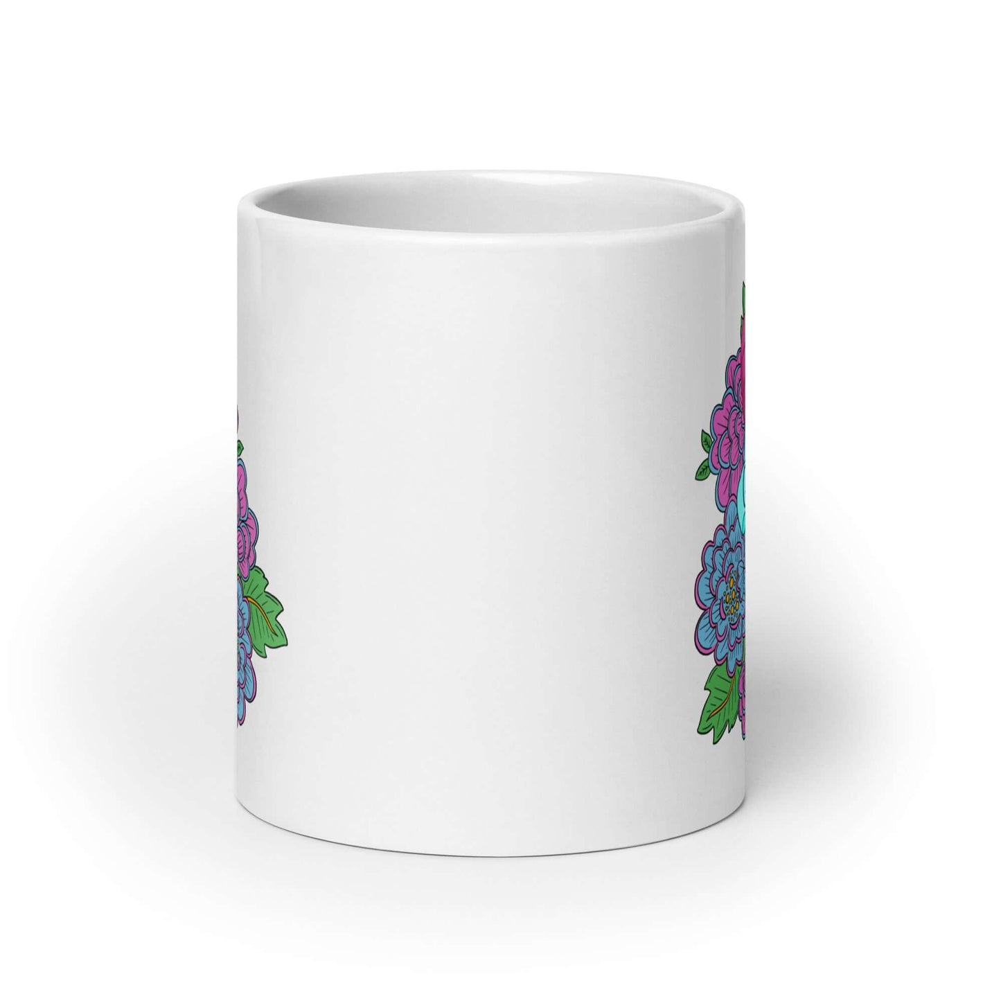 White ceramic coffee mug with graphic that has the words Good vibes only layered over a pink wand vibrator with flowers around. The graphic design is printed on both sides of the mug.