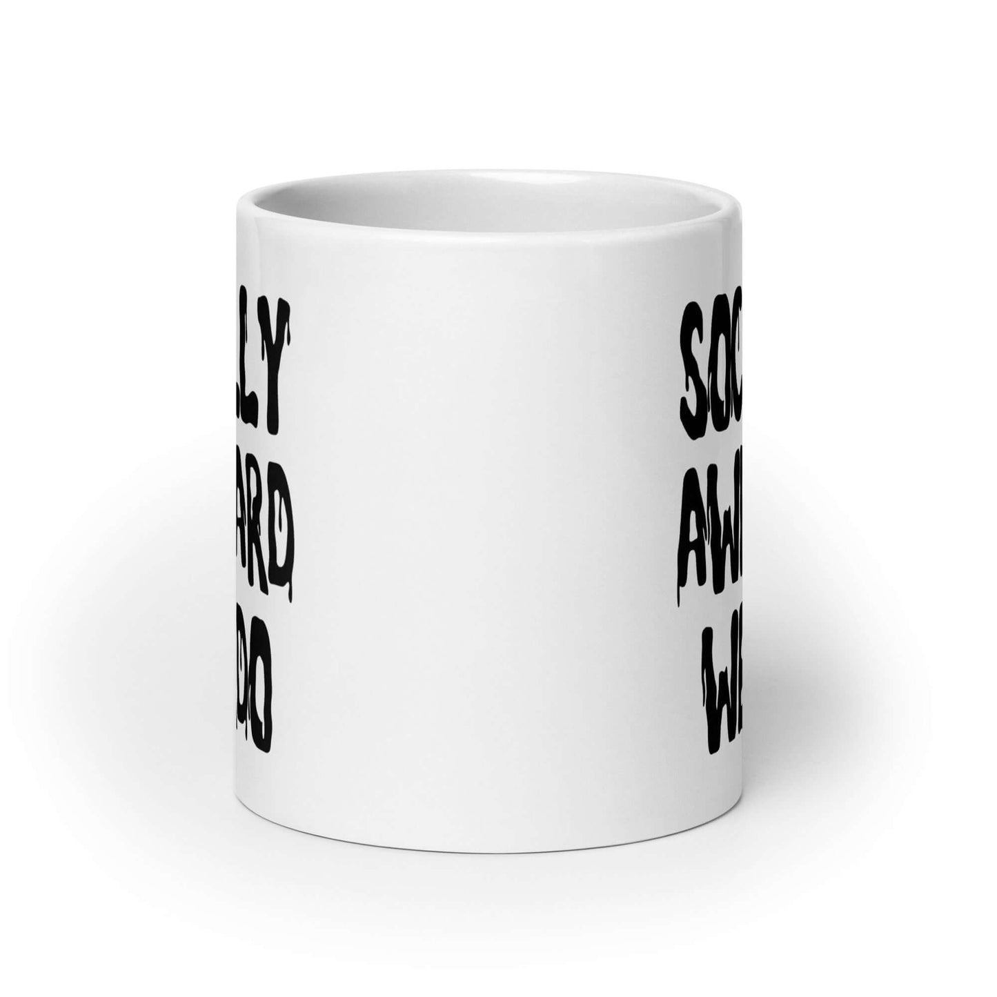 White ceramic coffee mug with the words socially awkward weirdo printed on both sides.