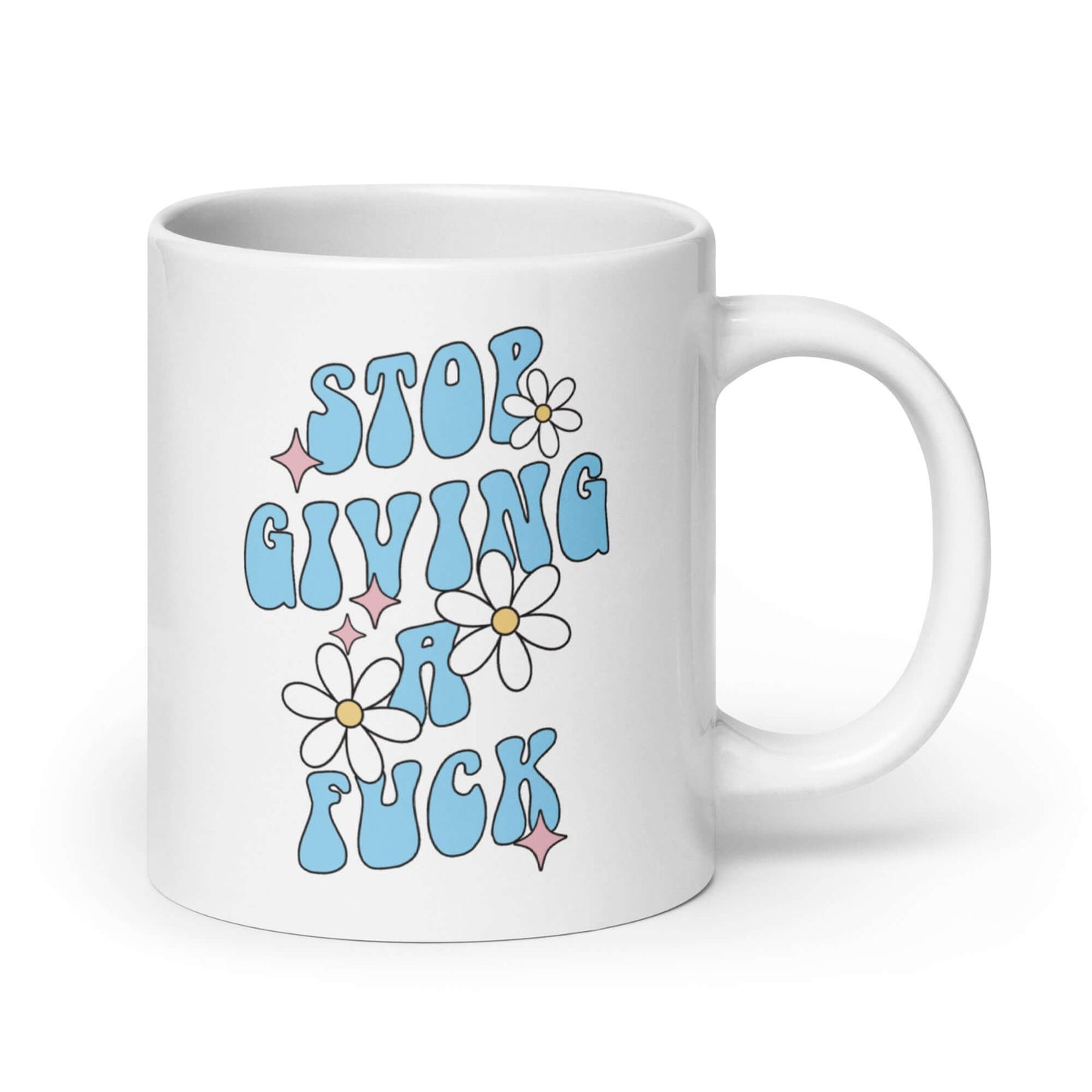 White ceramic coffee mug with stop giving a fuck printed on both sides.