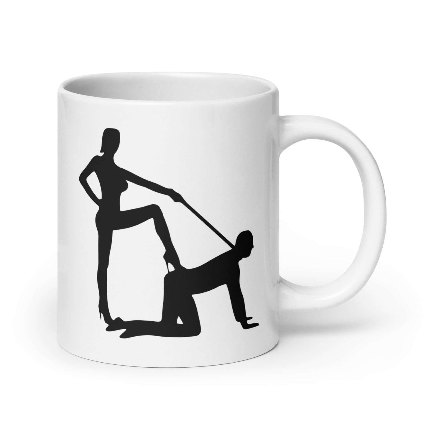 White ceramic coffee mug with the image of a silhouette of a man on his hands and knees and a dominatrix holding his leash printed on both sides.