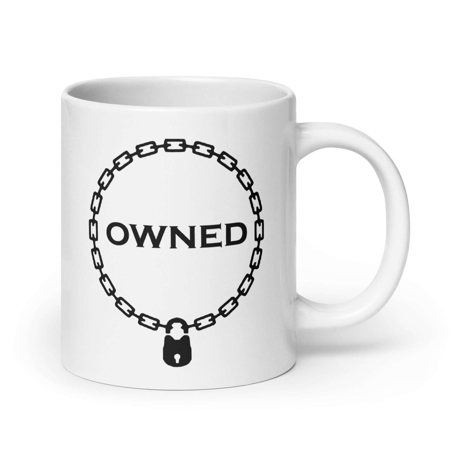 White ceramic coffee mug with an image of a BDSM chain collar with a lock and the word Owned printed in the center of the collar. The design is printed on both sides of the mug.