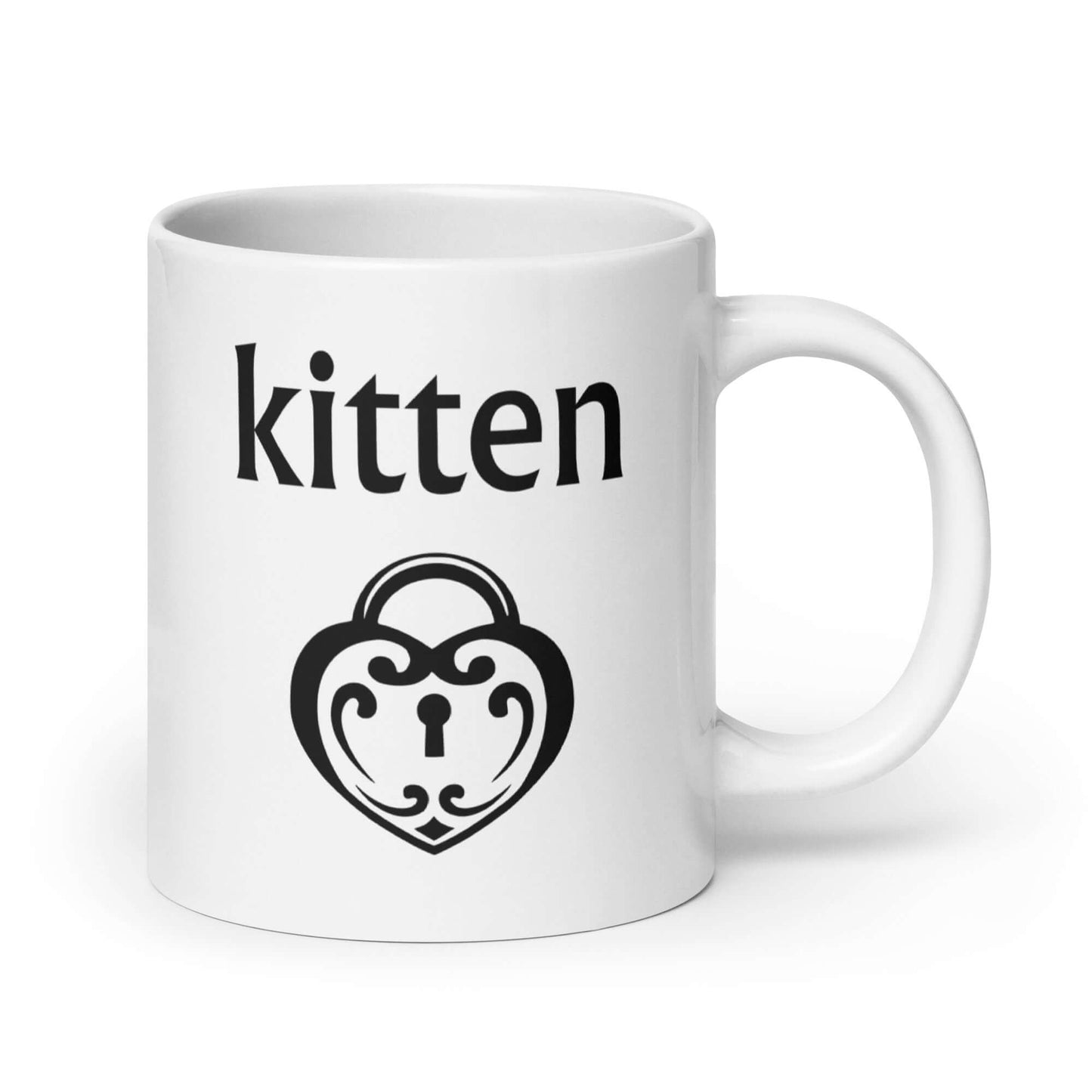 White ceramic coffee mug with an image of a heart shaped lock and the word kitten printed on both sides of the mug.