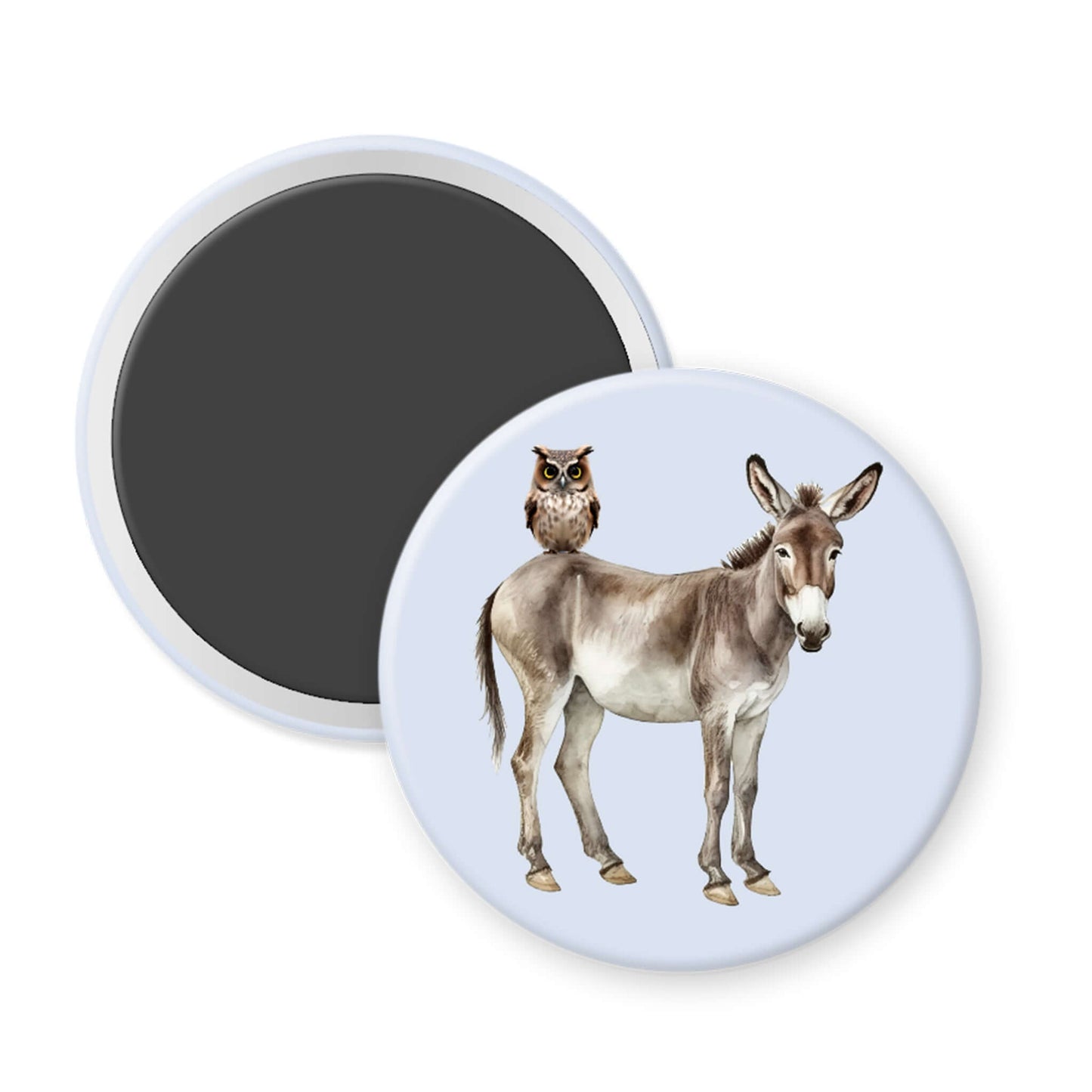 Round magnet with a donkey and owl design on a white background