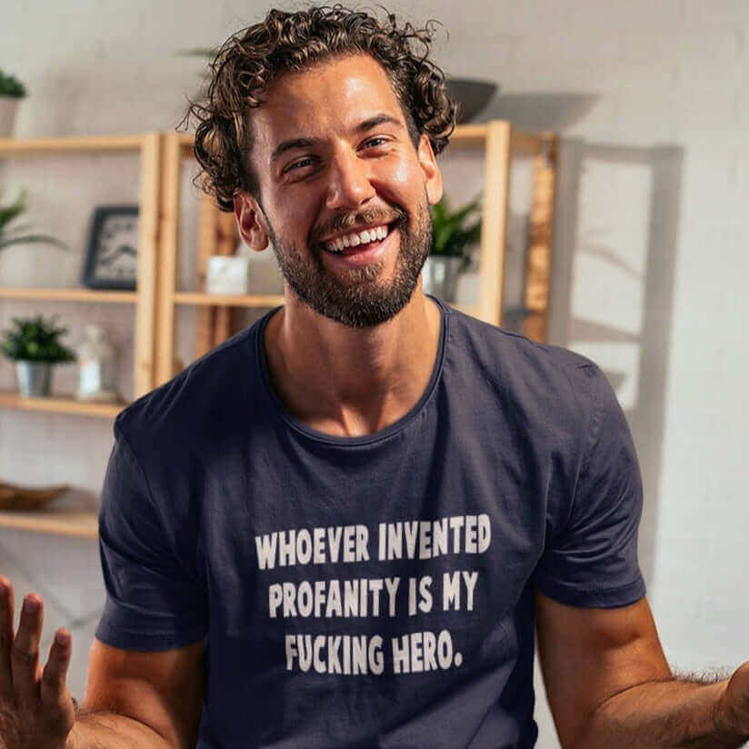 handsome man with profanity tshirt on