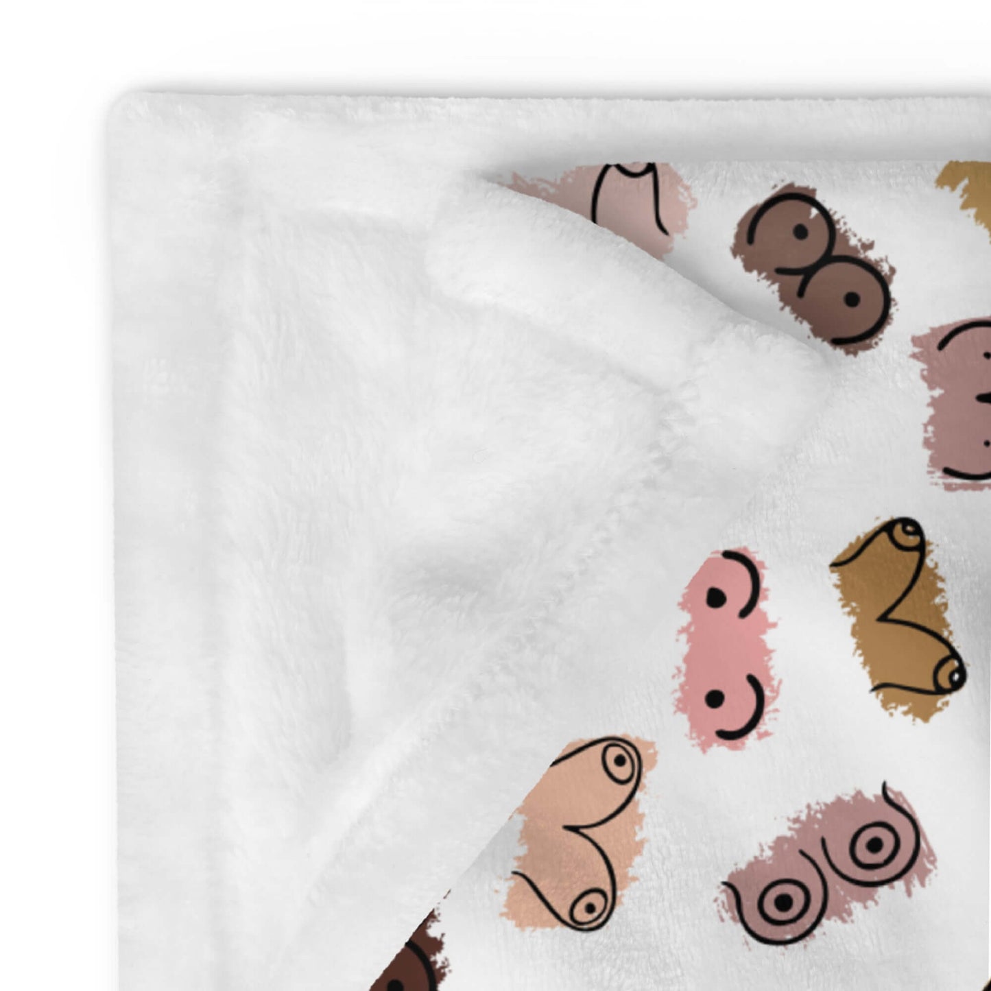 White fleece throw blanket with drawings of breasts in various skin tones printed all over.