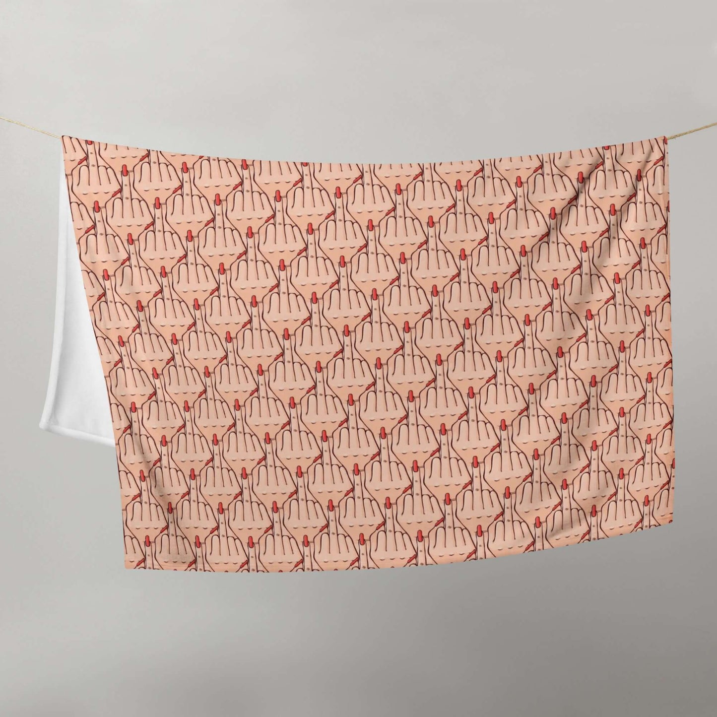 Throw blanket with graphic of Caucasian womans hand flipping the middle finger. The finger has a long red fingernail. The graphic is overlapping and printed all over.