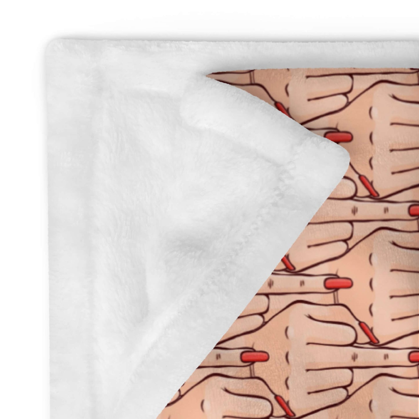 Folded throw blanket with graphic of Caucasian womans hand flipping the middle finger. The finger has a long red fingernail. The graphic is overlapping and printed all over.
