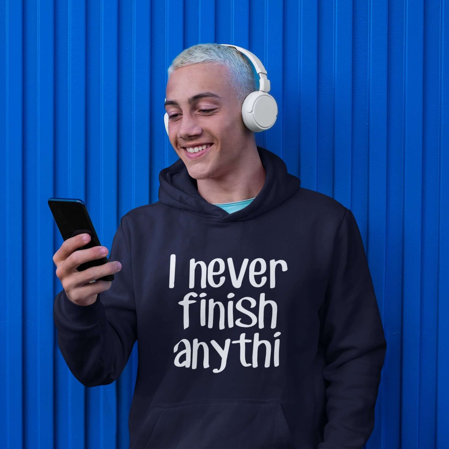 man wearing navy hoodie i never finish anything