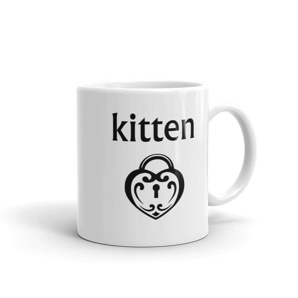 White ceramic coffee mug with an image of a heart shaped lock and the word kitten printed on both sides of the mug.