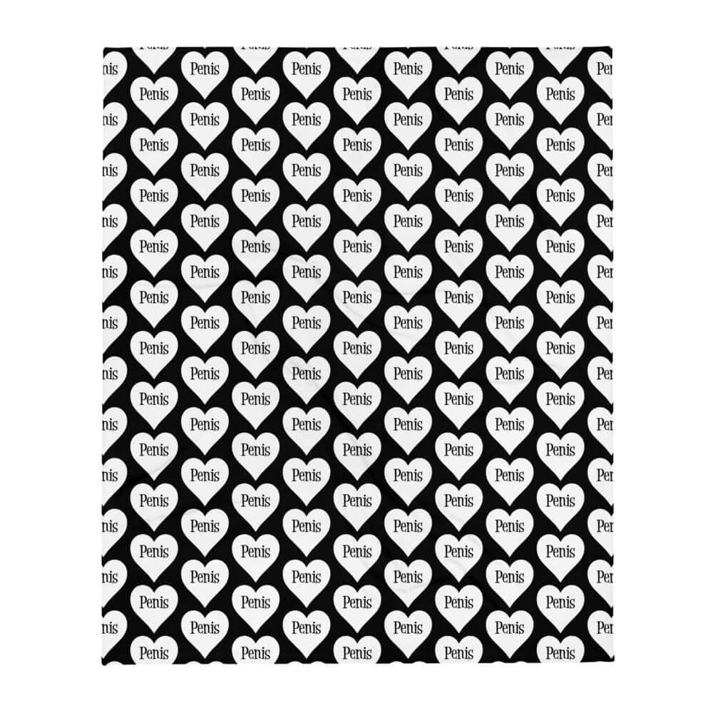Black throw blanket with a heart image printed all over the blanket. The word penis is inside the heart