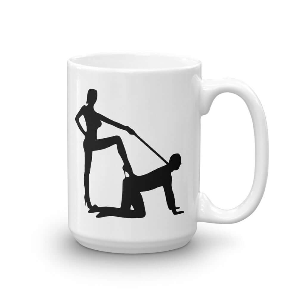 White ceramic coffee mug with the image of a silhouette of a man on his hands and knees and a dominatrix holding his leash printed on both sides.