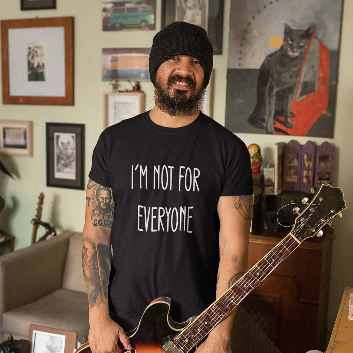 Man wearing black t-shirt with the phrase I'm not for everyone printed on the front.