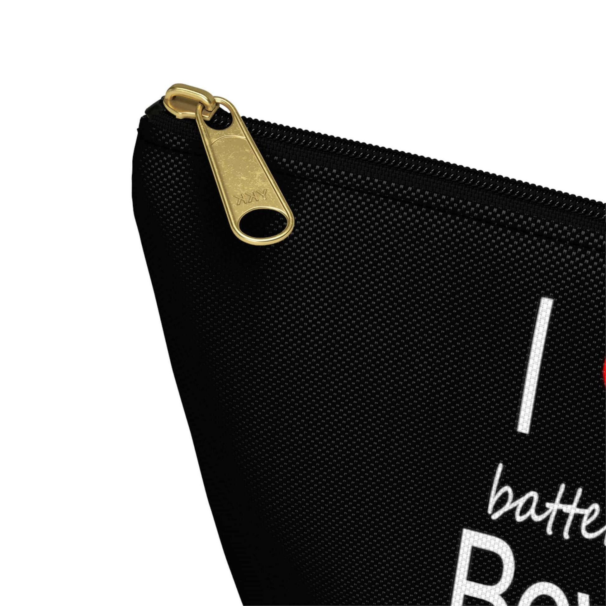 Black zipper top pouch with the phrase I heart my battery operated boyfriend printed on both sides.