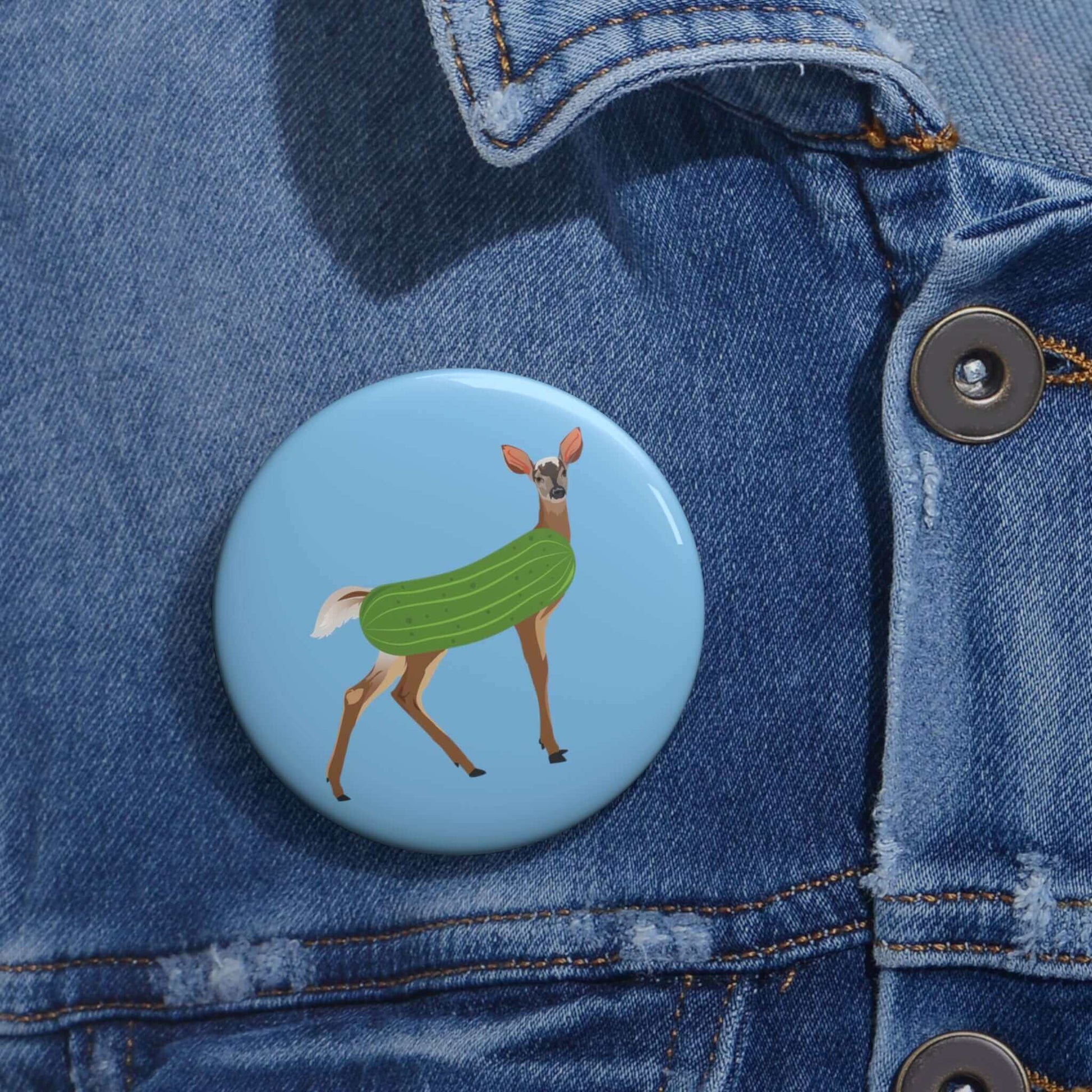 Dildo pun pin-back button with funny image of a doe deer with a dill pickle body. 