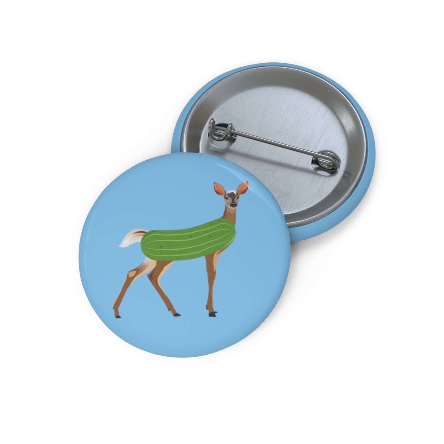 Dildo pun pin-back button with funny image of a doe deer with a dill pickle body. 