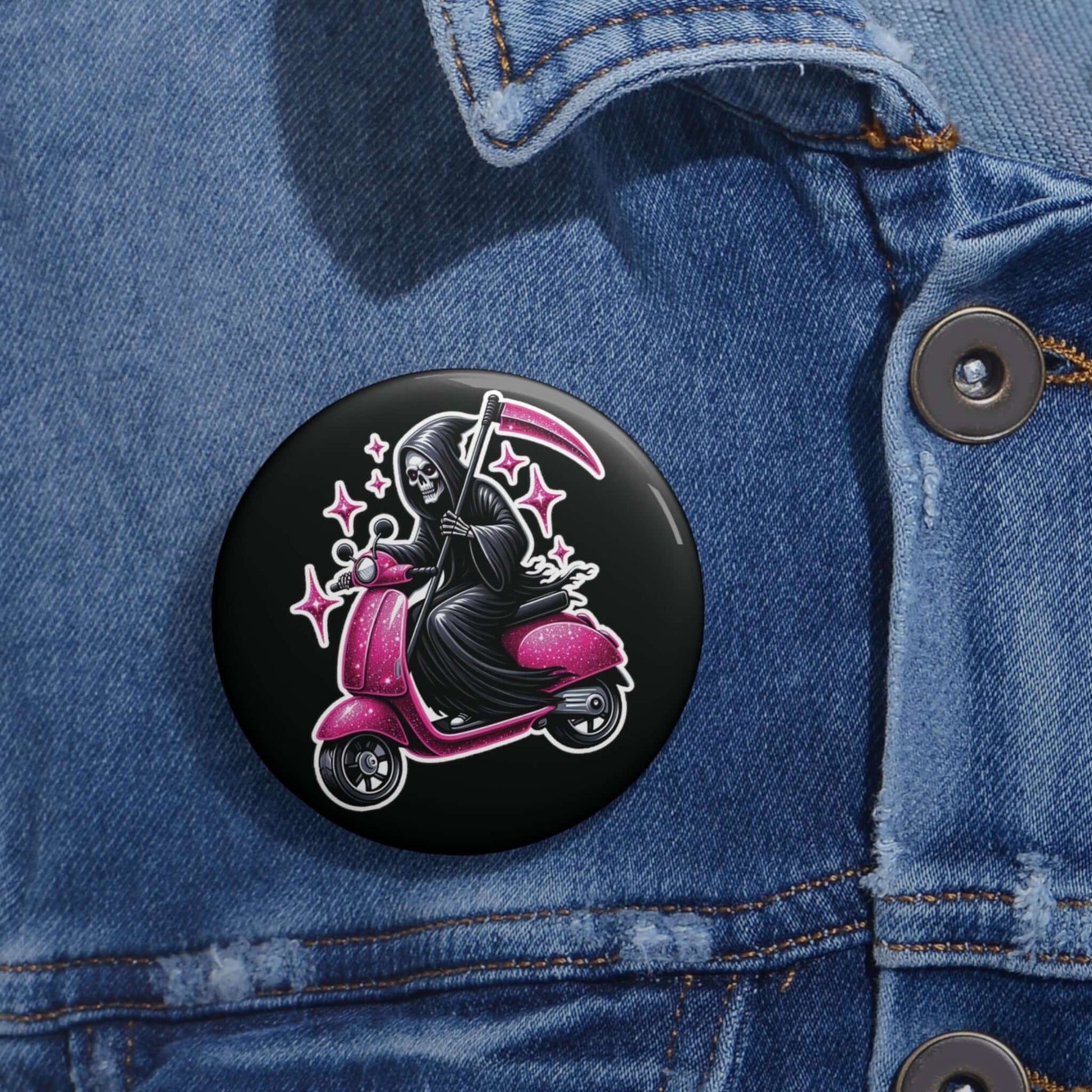 Black pinback button with an image of the Grim Reaper riding on a glam pink scooter.