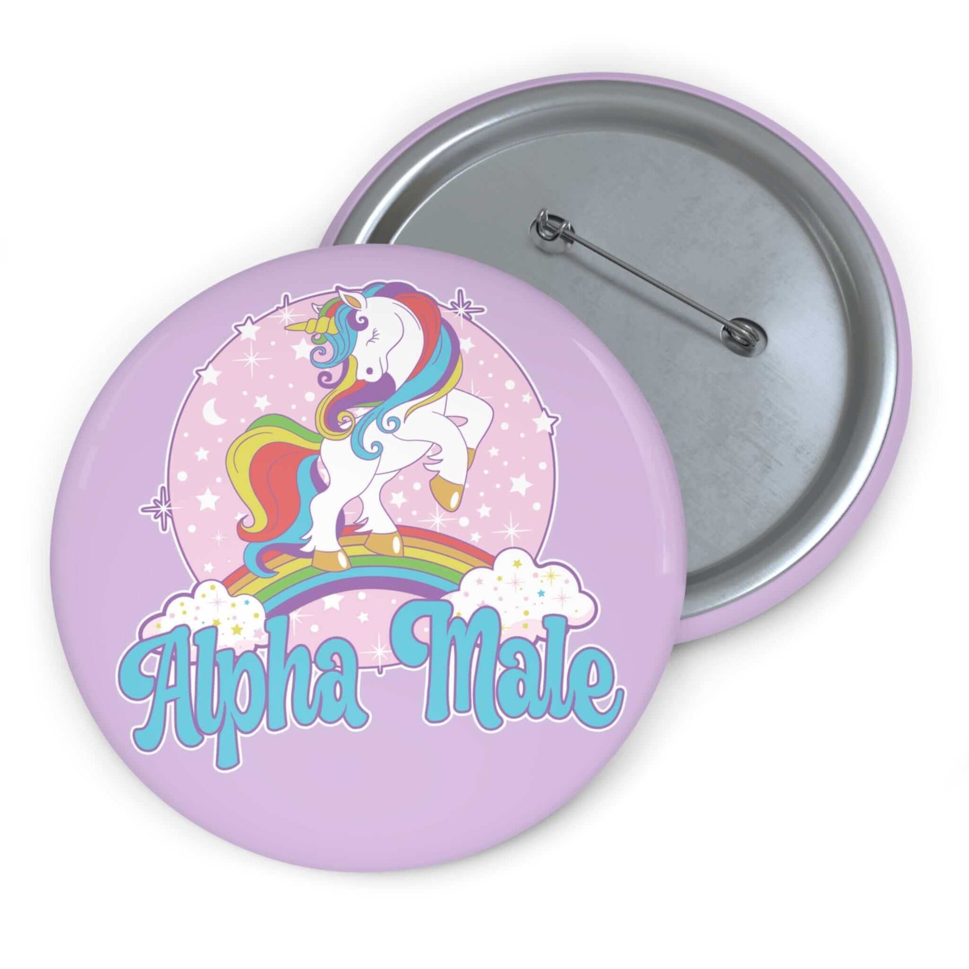 Pinback button with Alpha Male pastel unicorn graphics.