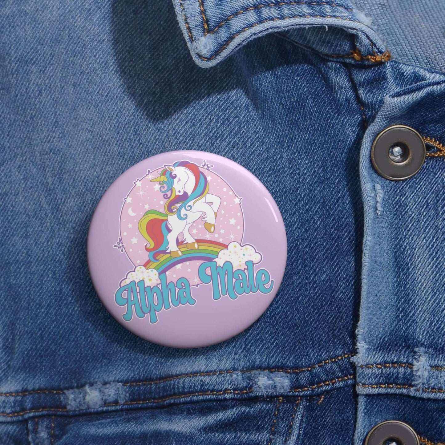 Pinback button with Alpha Male pastel unicorn graphics.