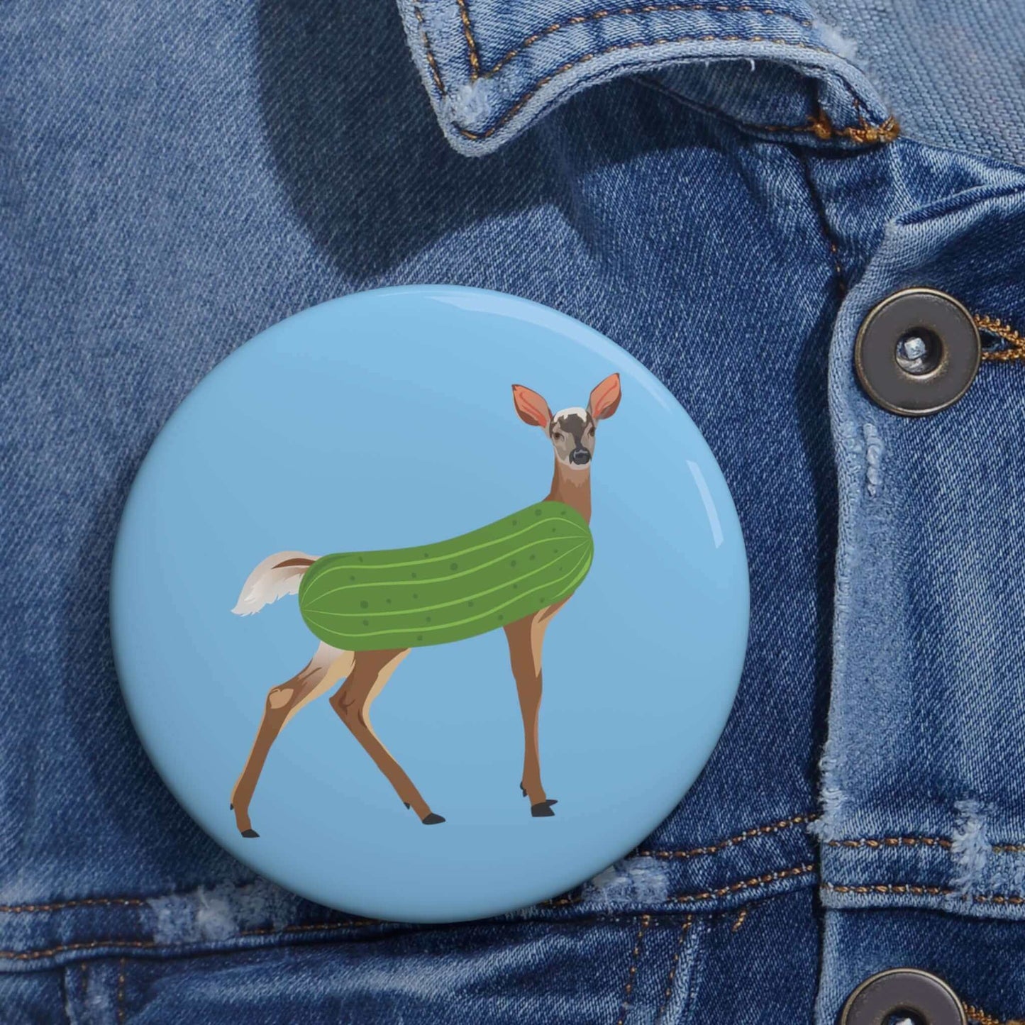 Dildo pun pin-back button with funny image of a doe deer with a dill pickle body. 