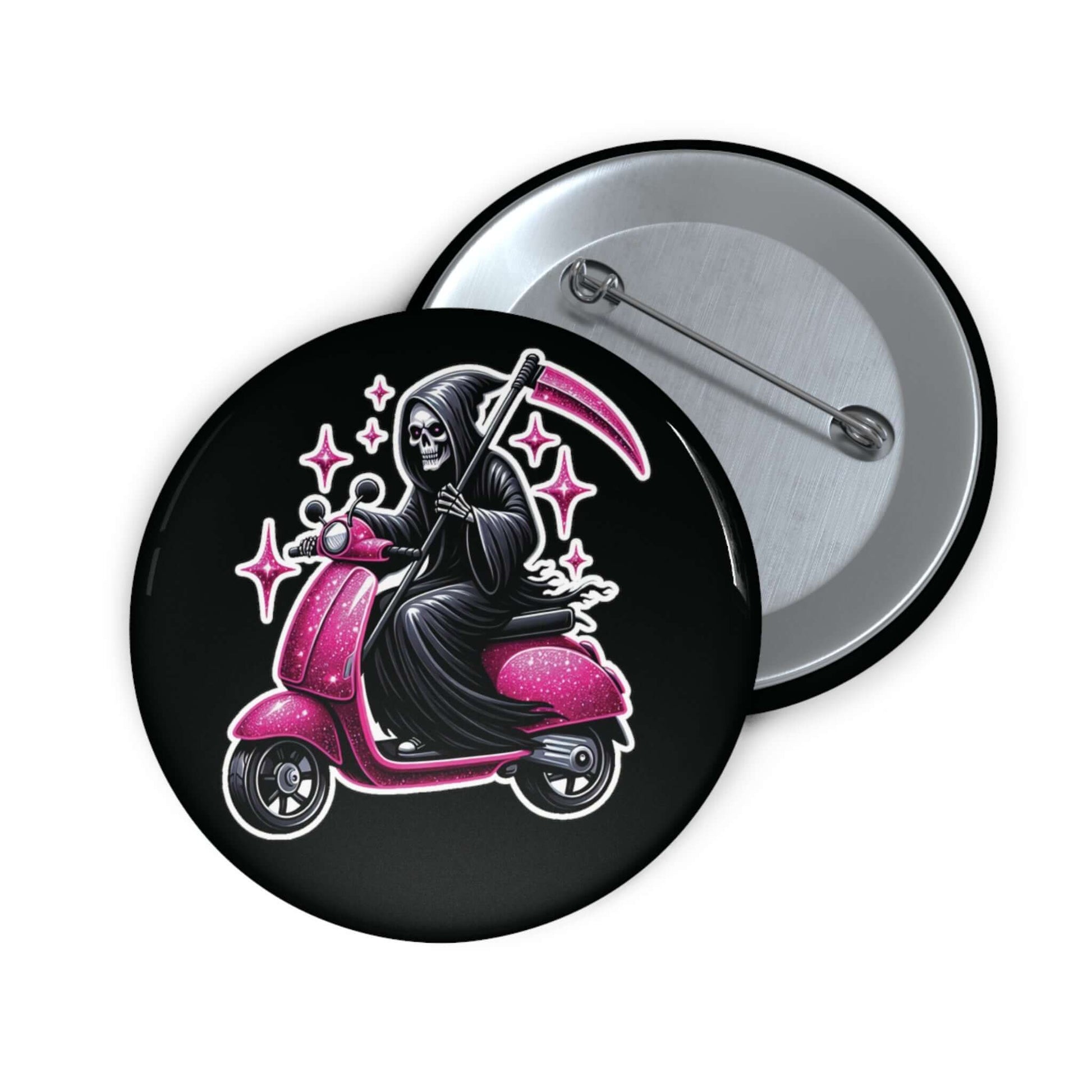 Black pinback button with an image of the Grim Reaper riding on a glam pink scooter.