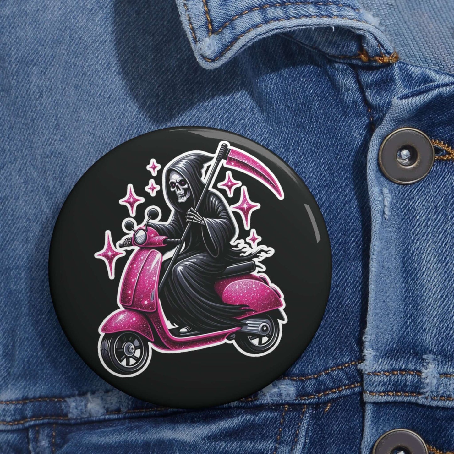 Black pinback button with an image of the Grim Reaper riding on a glam pink scooter.