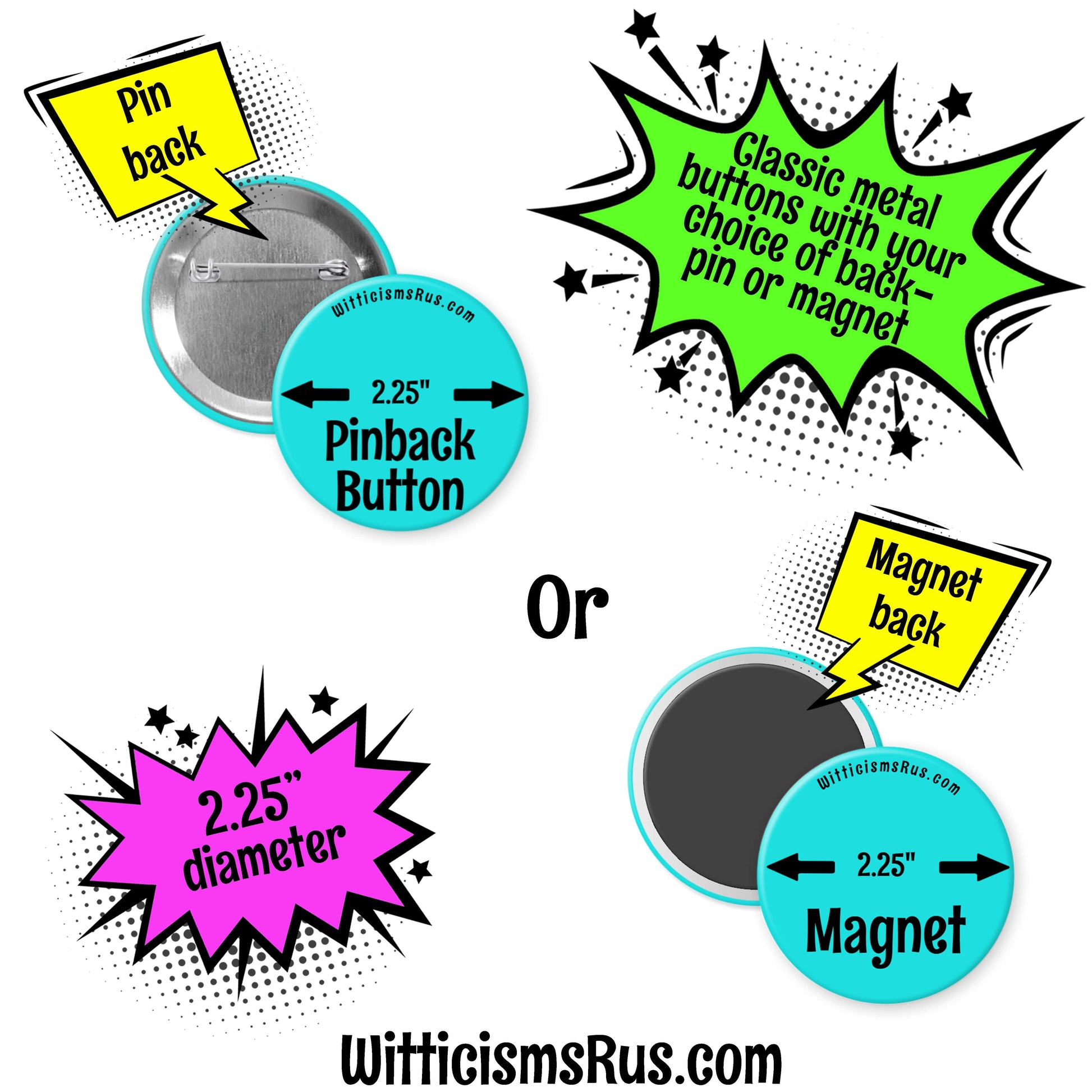 Infographic for 2.25" pinback buttons and magnets with text and website URL.