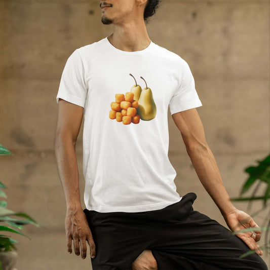 Man wearing a white t-shirt with an image of tater tots and two pears printed on the front.