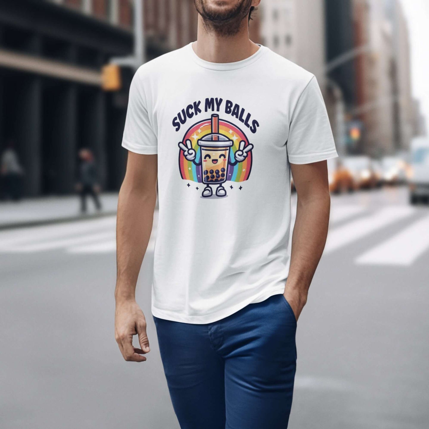 Man wearing a white t-shirt with graphics of a rainbow and a smiling boba bubble tea. The bubble tea has arms and legs. The phrase Suck my balls is printed above the rainbow. The graphics are on the front of the shirt.