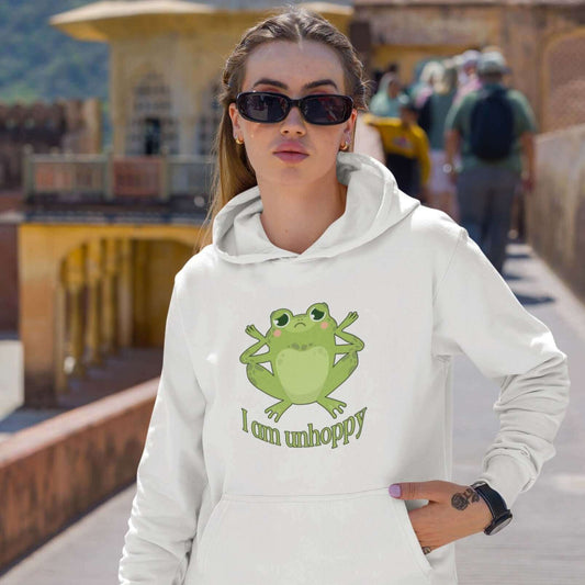 Unhappy frog hoodie. I am unhoppy pun hooded sweatshirt