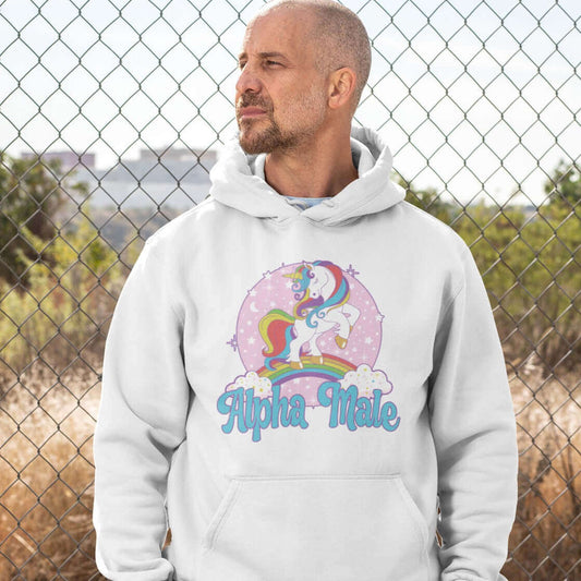 man wearing white hoodie hooded sweatshirt that says Alpha Male with unicorn graphics