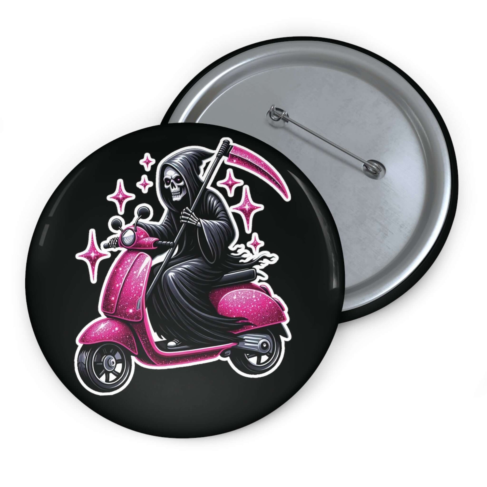 Black pinback button with an image of the Grim Reaper riding on a glam pink scooter.