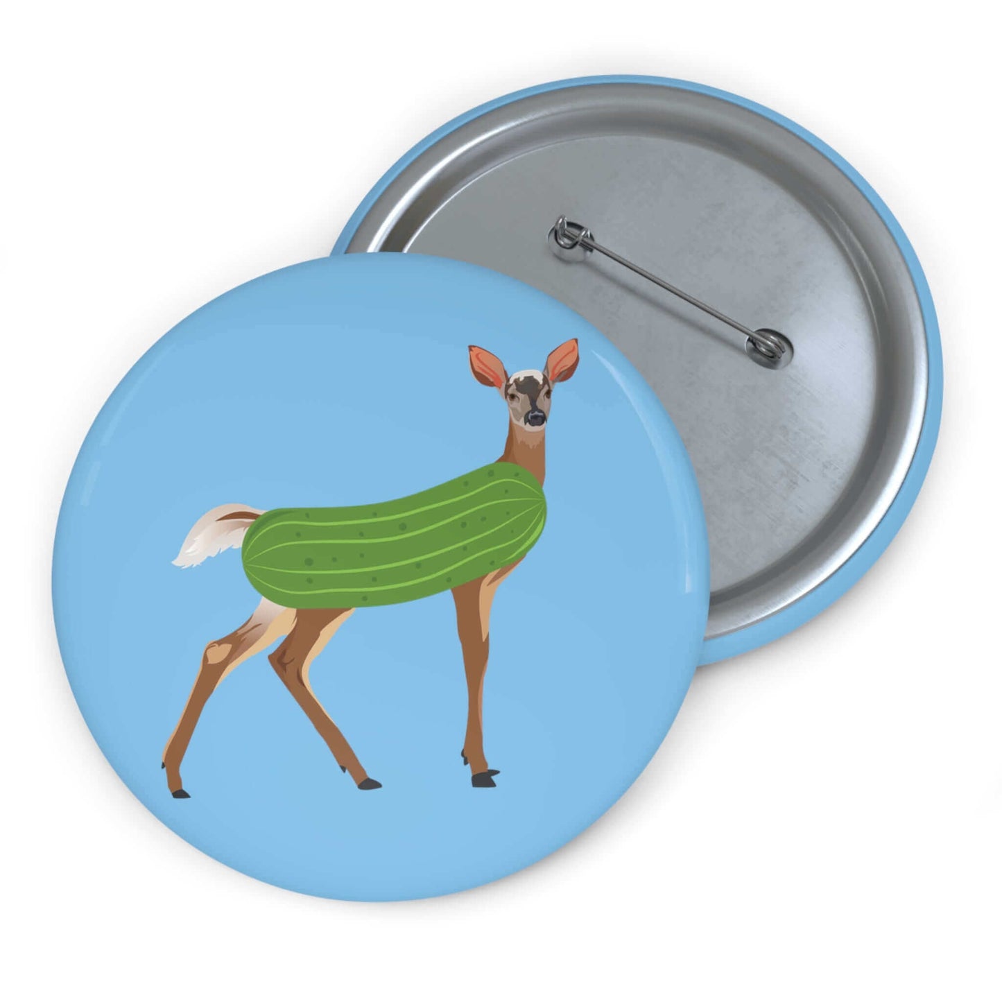 Dildo pun pin-back button with funny image of a doe deer with a dill pickle body. 