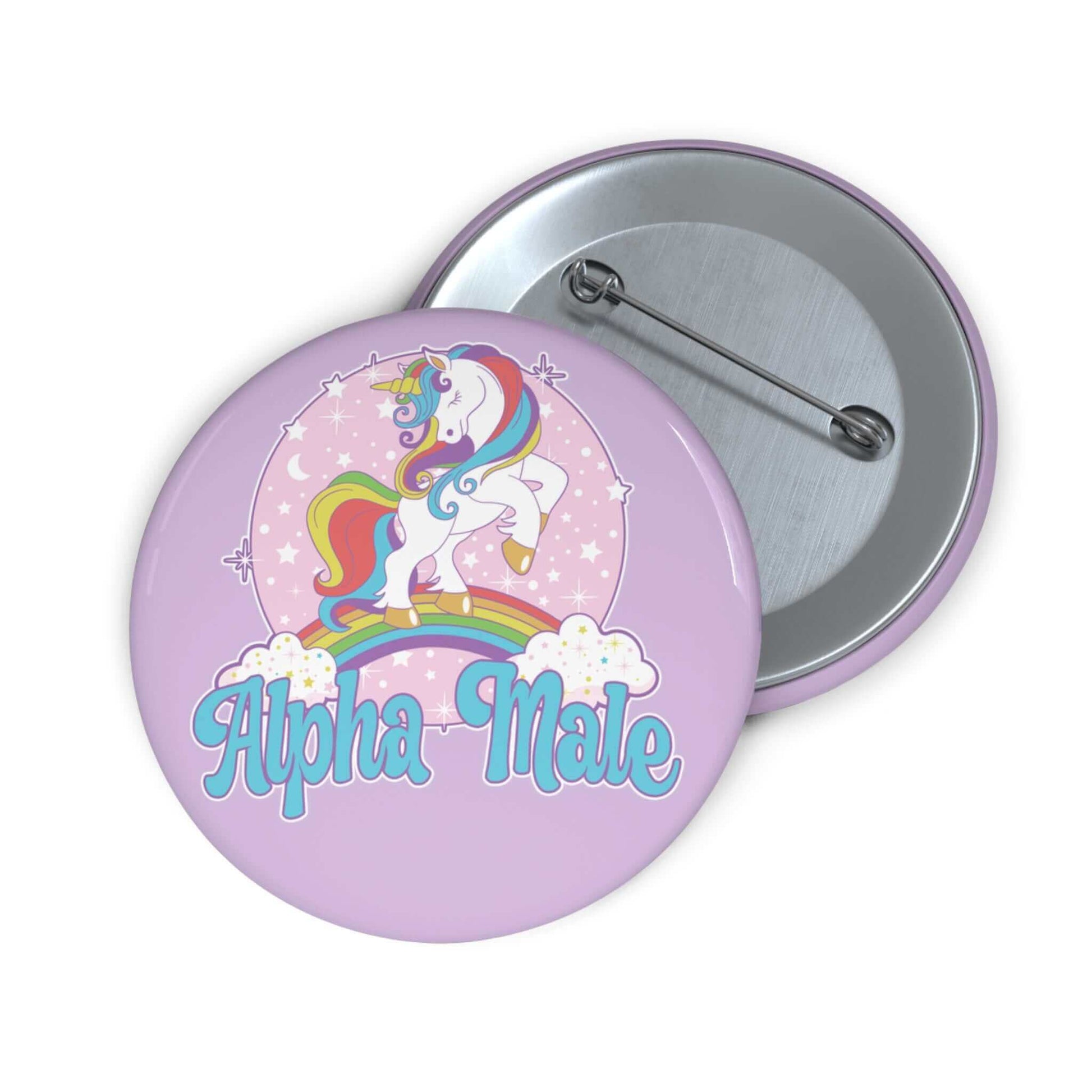 Pinback button with Alpha Male pastel unicorn graphics.