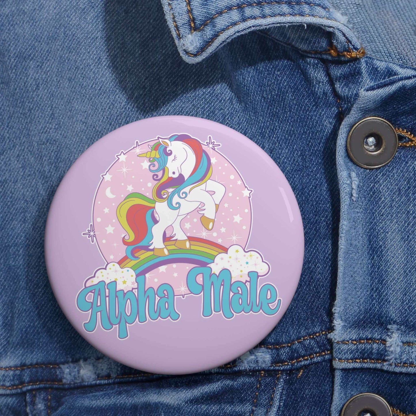 Pinback button with Alpha Male pastel unicorn graphics.