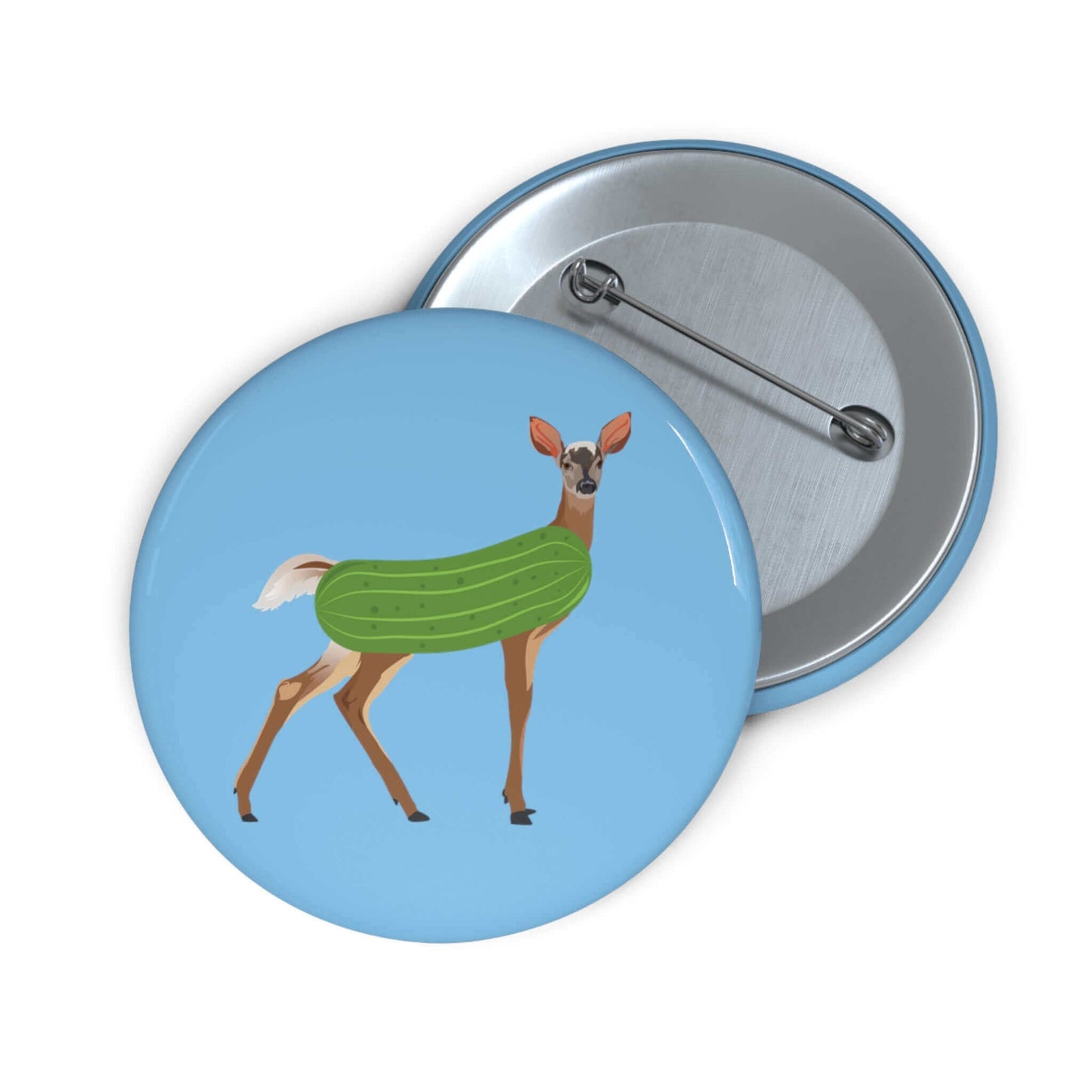 Dildo pun pin-back button with funny image of a doe deer with a dill pickle body. 