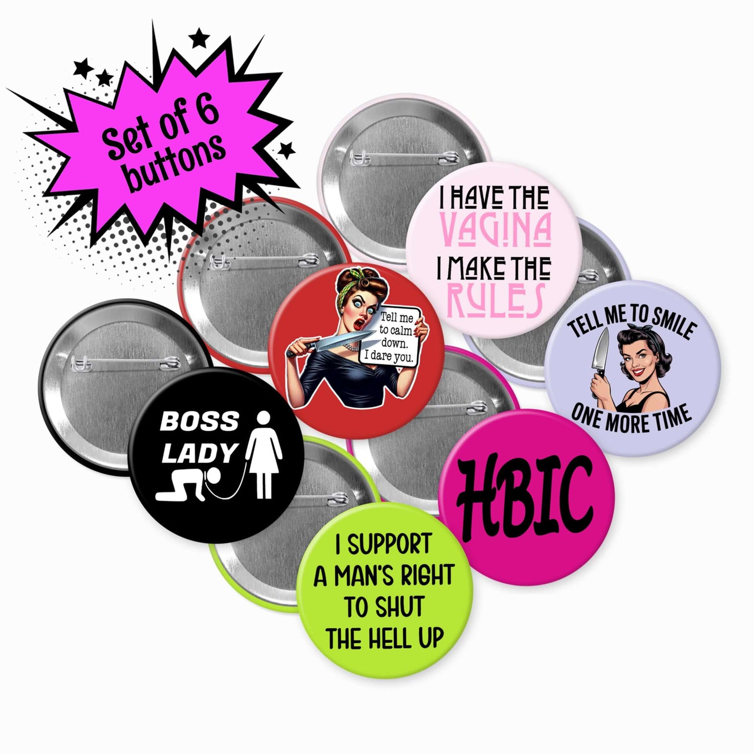Set of 6 buttons with various designs and text on a white background