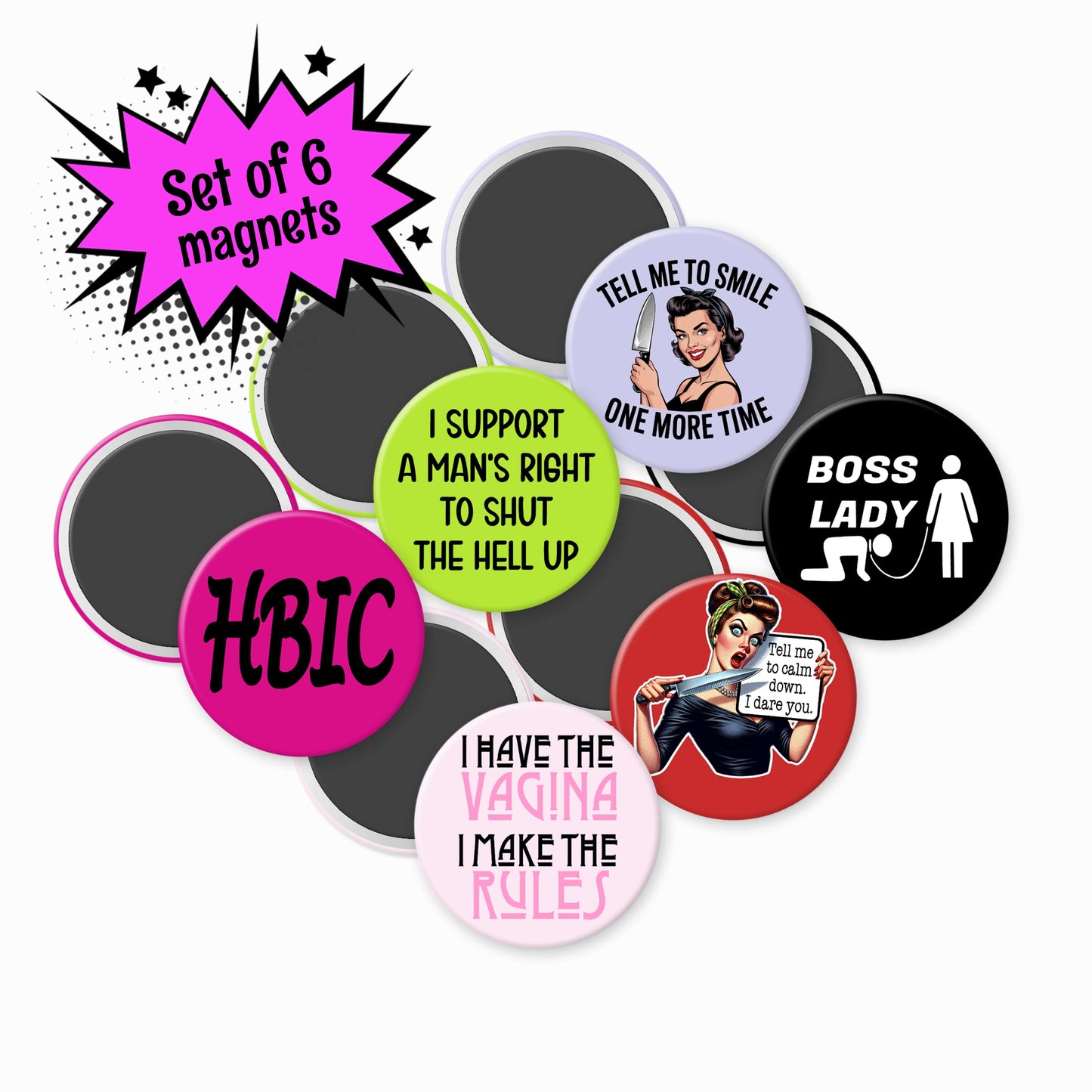 Set of 6 magnets with various designs and text on a white background