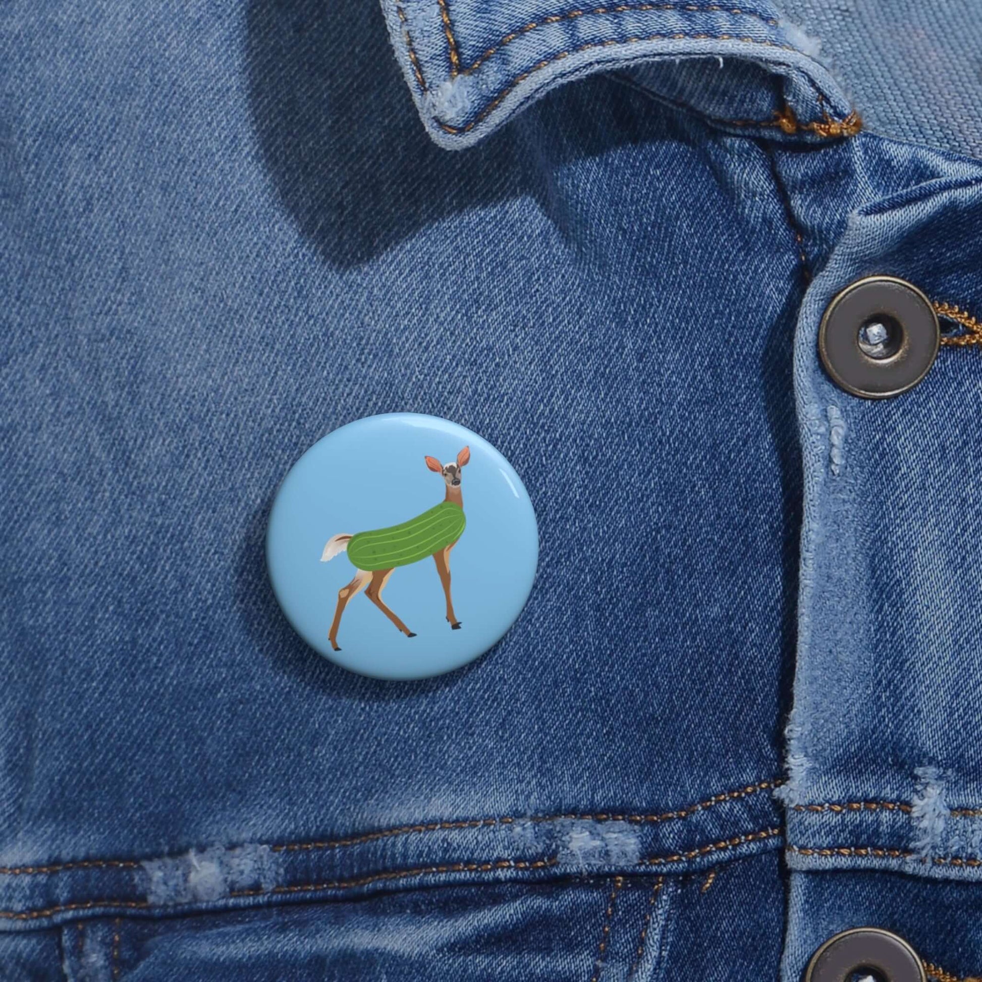 Dildo pun pin-back button with funny image of a doe deer with a dill pickle body. 