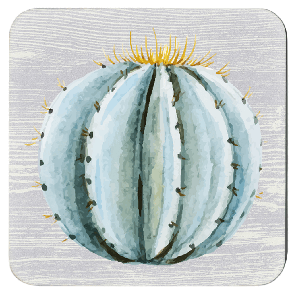 Cactus coaster set. 4 coordinating cactus print coasters with light grey wood background.