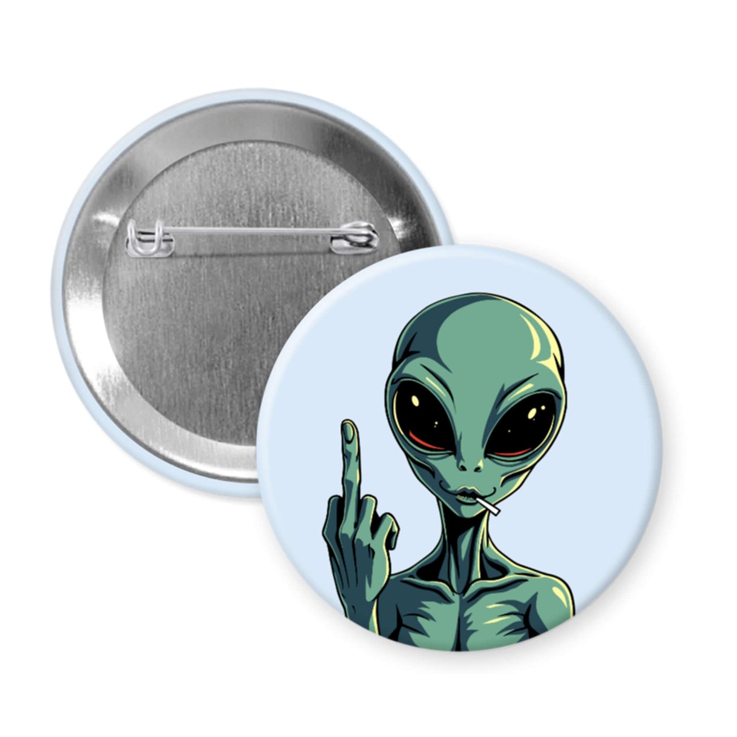 Button badge with an alien design showing a middle finger on a light blue background