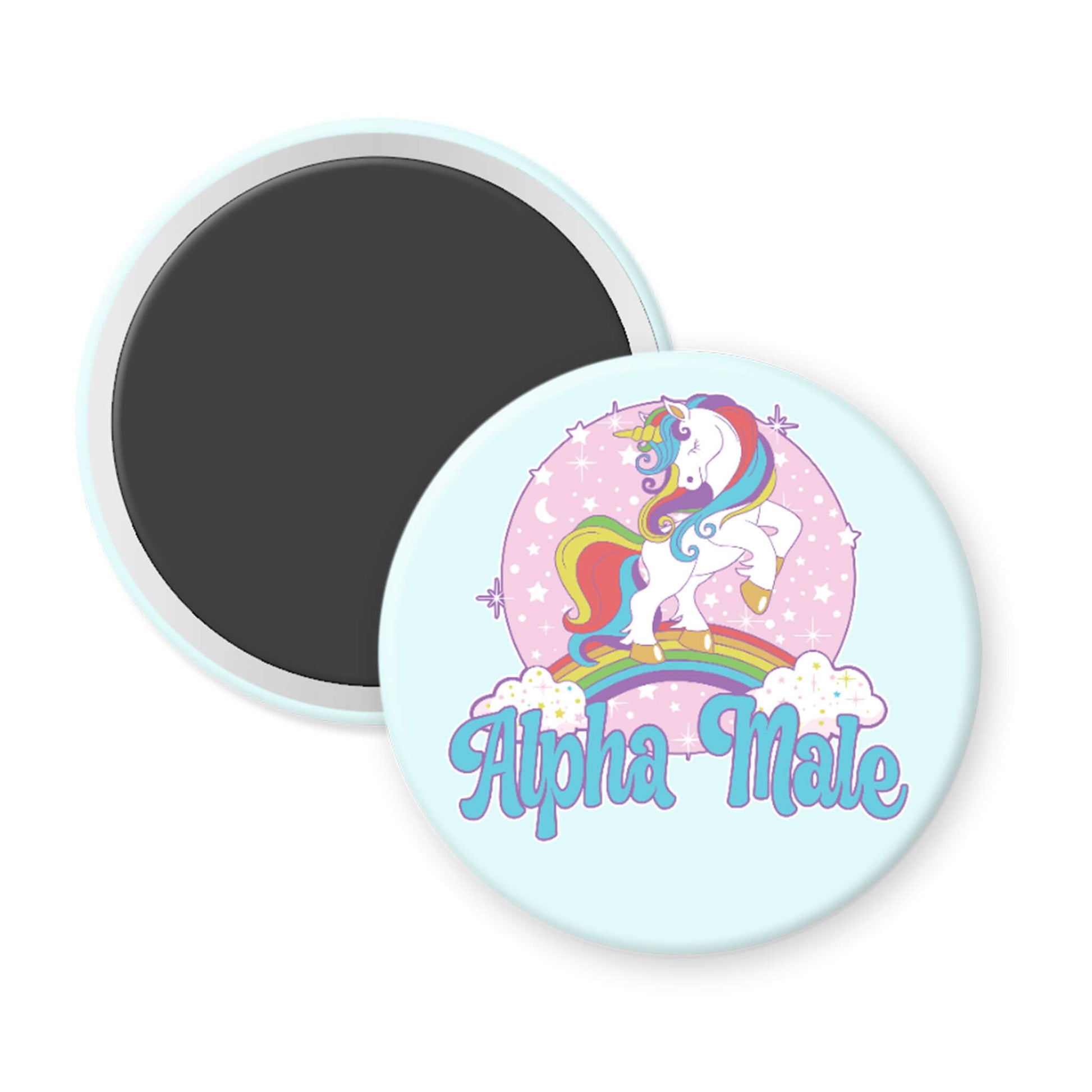 Round magnet with a unicorn design and 'Alpha Male' text on a light blue background