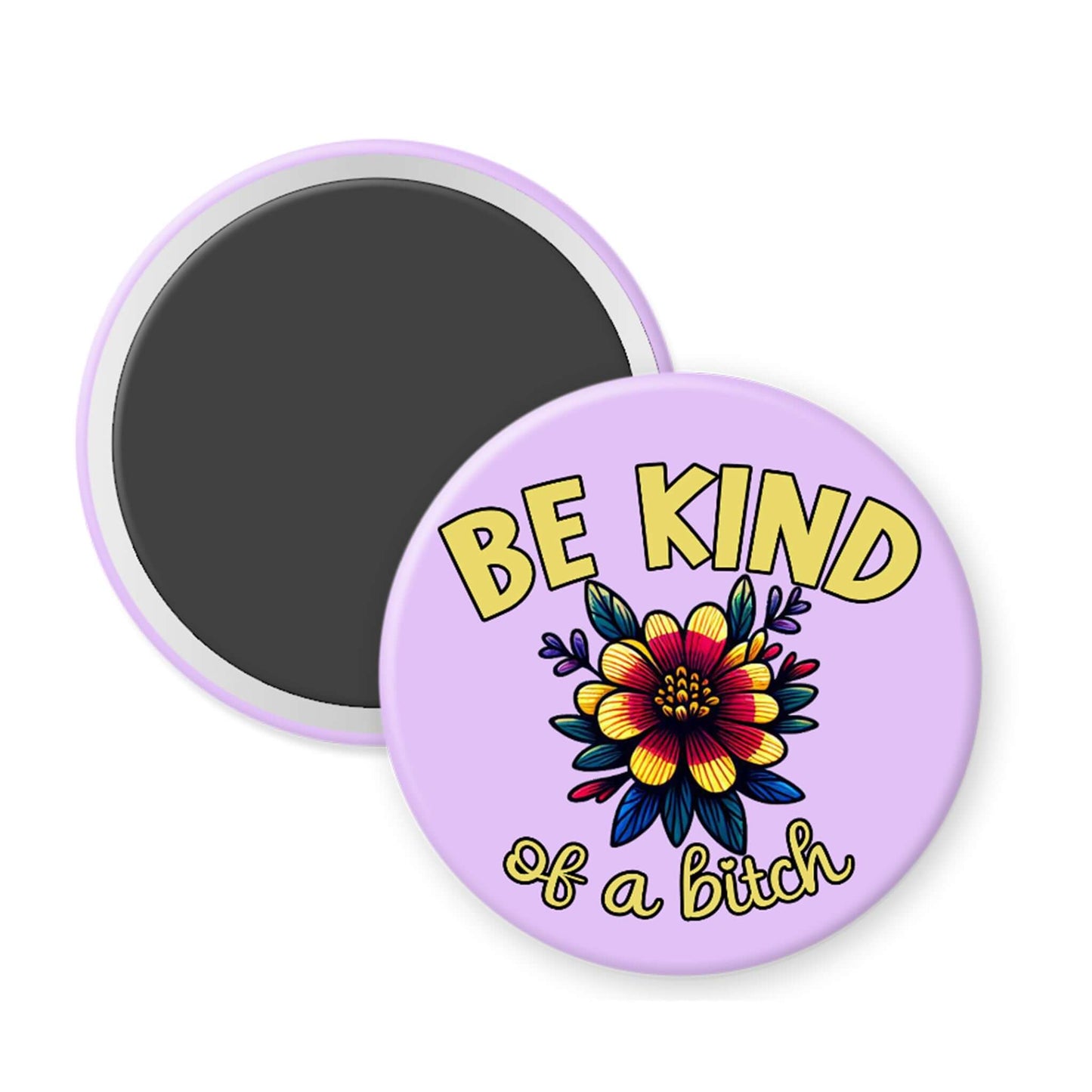 Round purple magnet with floral design and text on a white background