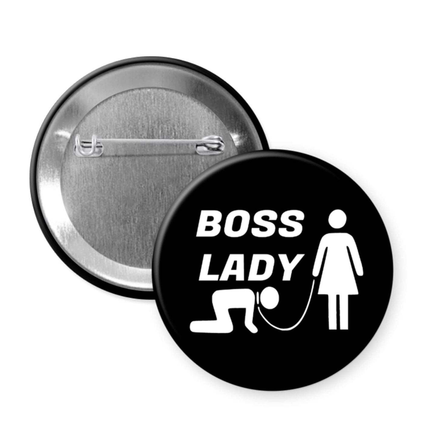 Button badge with 'BOSS LADY' text and icon on a white background