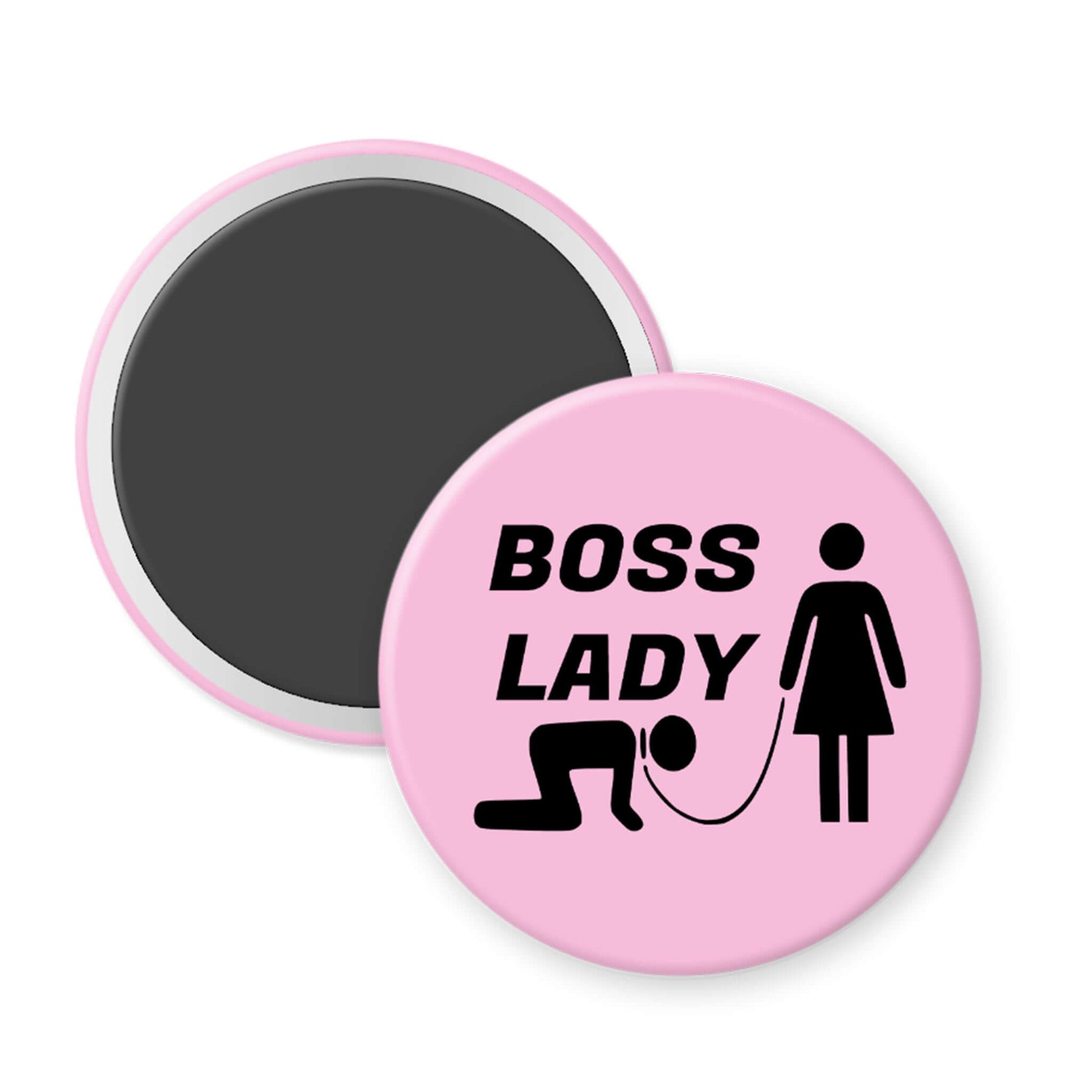 Pink magnet with 'Boss Lady' text and symbols on a white background
