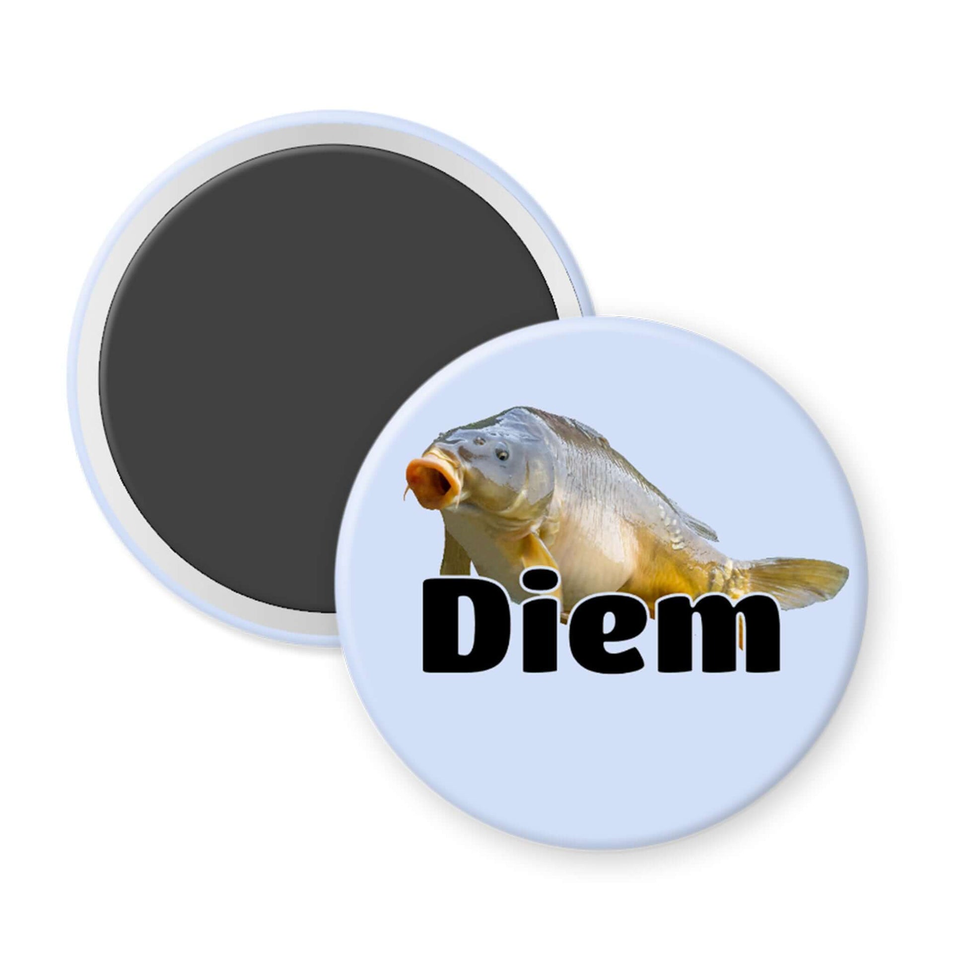 Round magnet with a fish and the name 'Diem' on a white background