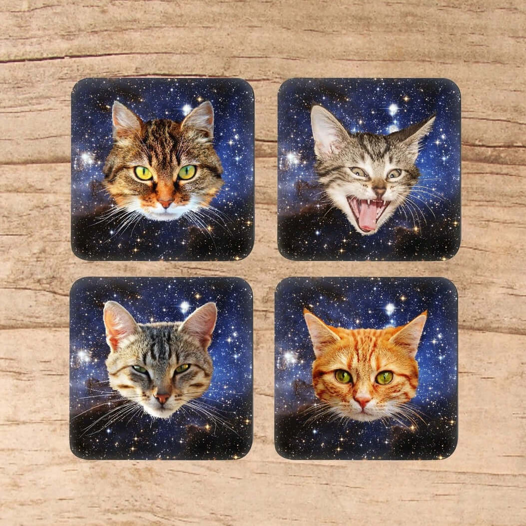 Cats in space coaster set of 4 with different cat face on each coaster.